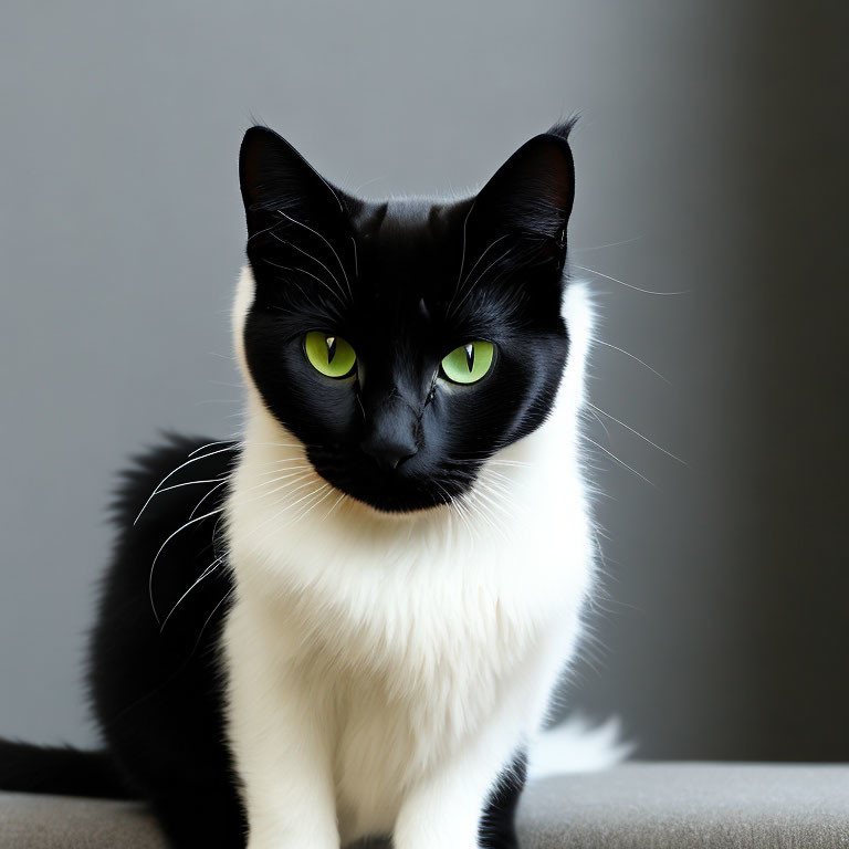 Black and white cat with green eyes on grey background