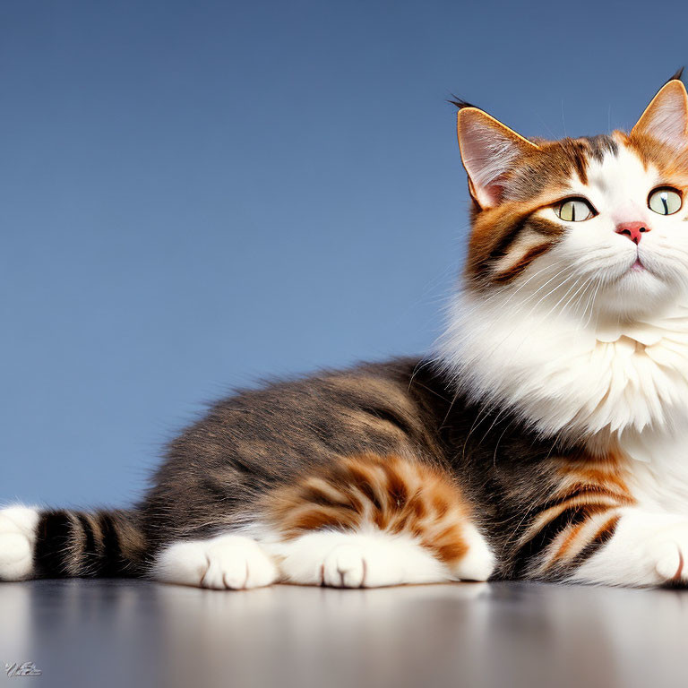 Close-up of domestic cat with orange and black striped fur lying down on blue background