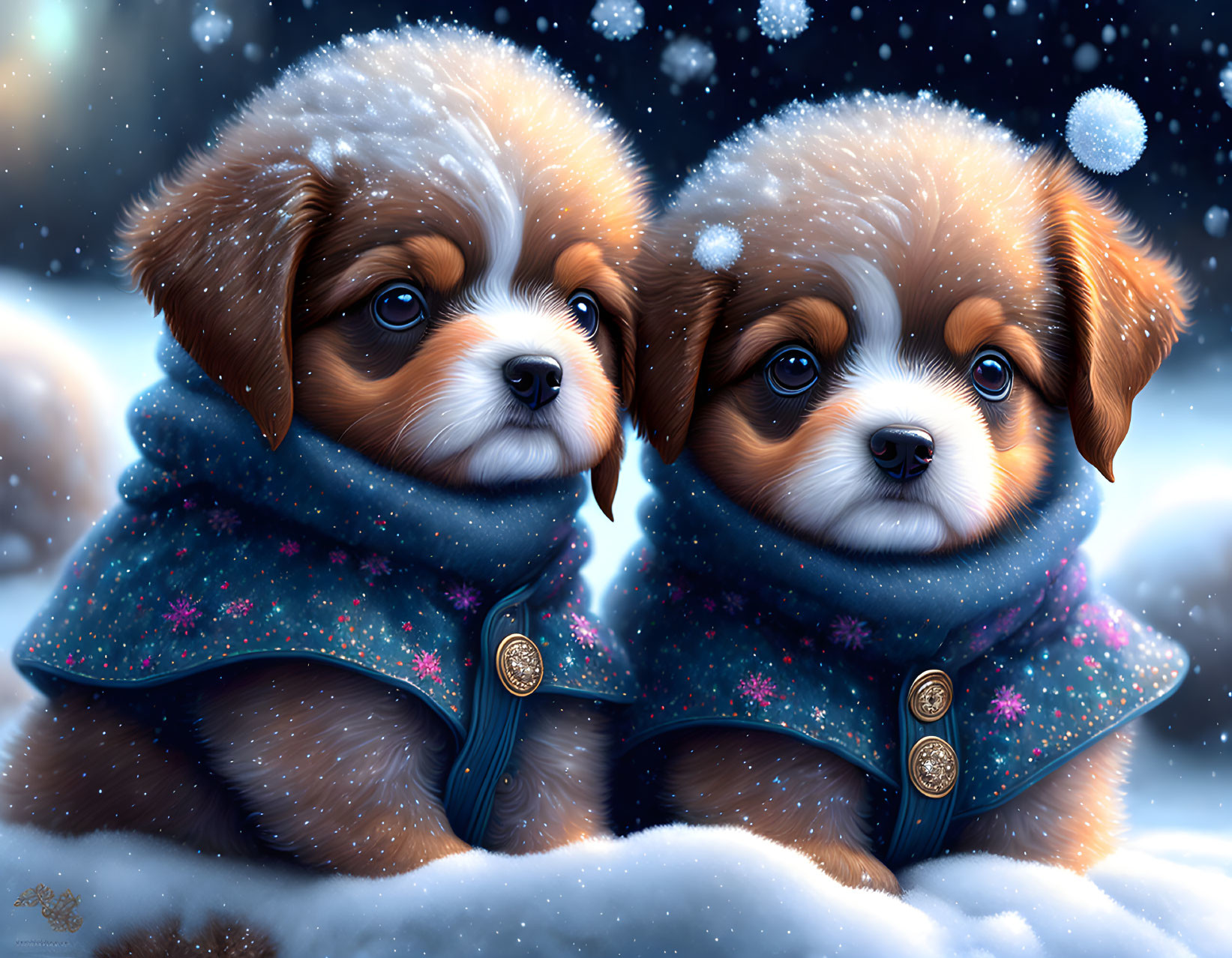 Two Cute Puppies in Blue Winter Coats in Snowy Night Scene