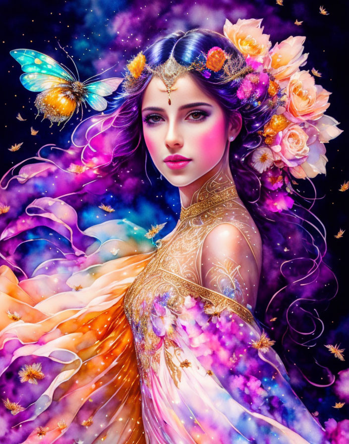 Fantastical woman with floral headpiece and cosmic background