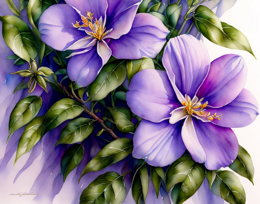 Purple flowers with golden stamens in watercolor art