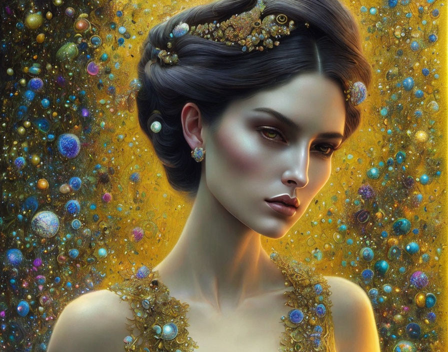 Striking woman portrait with gold jewelry on vibrant cosmic backdrop