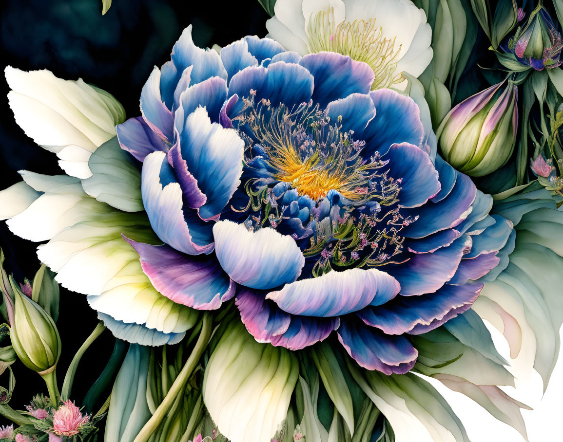 Detailed digital art of large blue and purple peony flower on dark backdrop