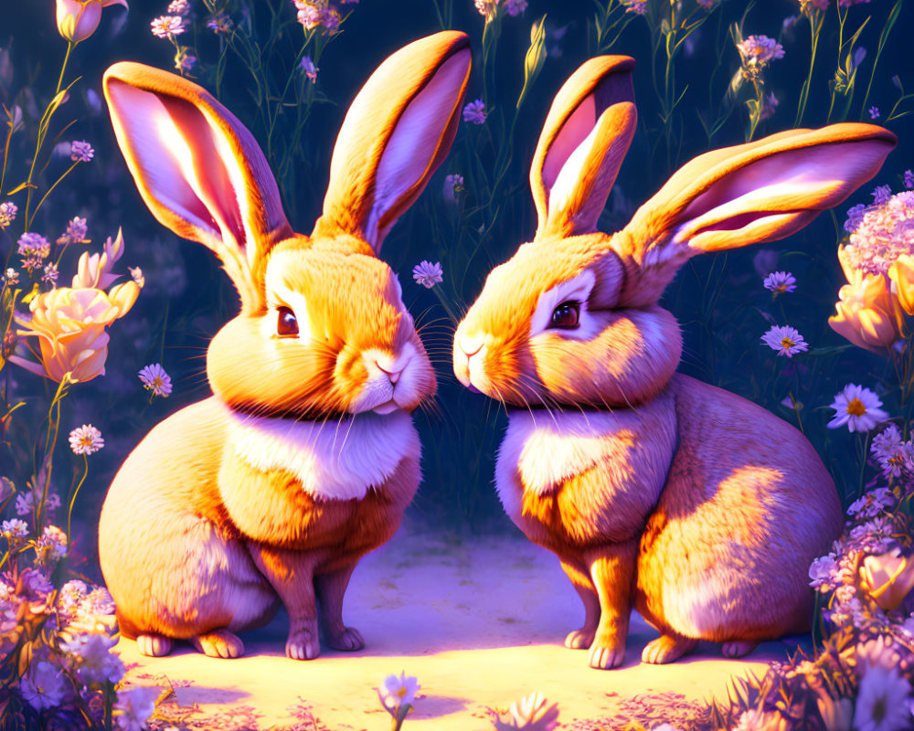 Stylized anthropomorphic rabbits with vibrant flowers under purple light