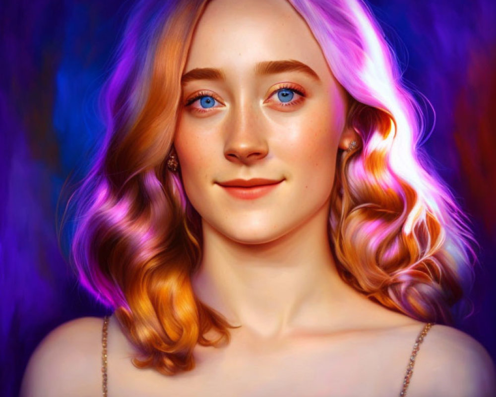 Portrait of young woman with blue eyes and wavy hair in blonde to purple transition under vibrant lighting