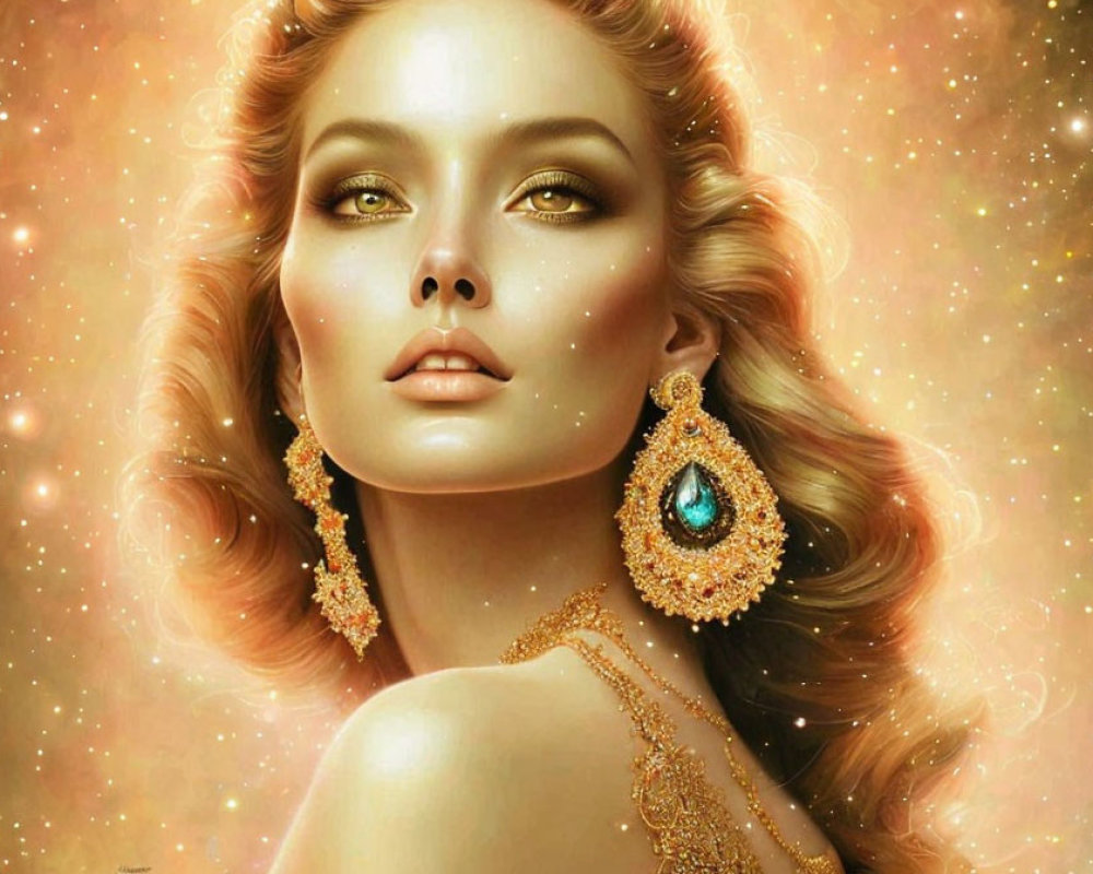 Digital art portrait of woman with glowing skin and golden jewelry against starry background.