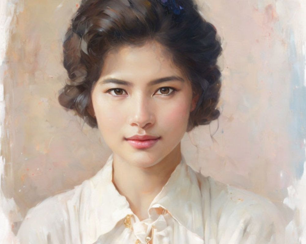 Classic portrait of woman with wavy hair and white blouse