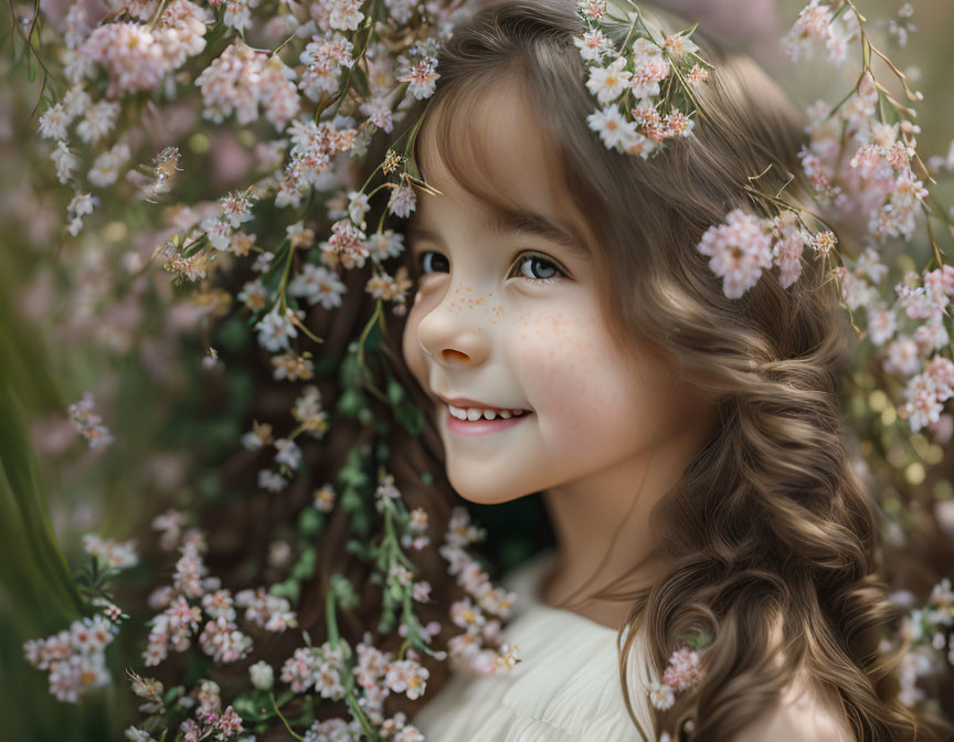 Smiling young girl with curly hair and freckles among pink blossoms