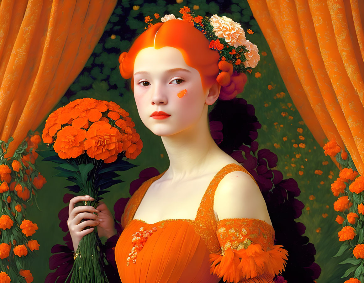 Vibrant surreal portrait with orange hair, dress, and flowers