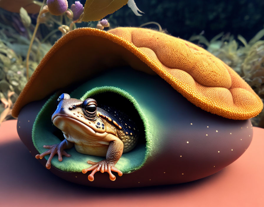 Frog in sandwich bun surrounded by plants