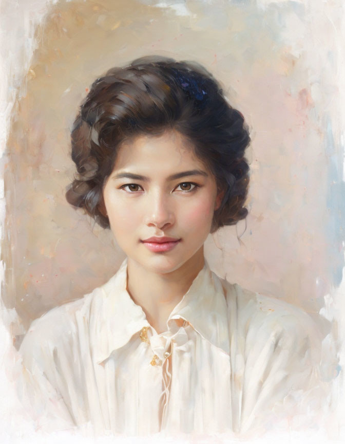 Classic portrait of woman with wavy hair and white blouse