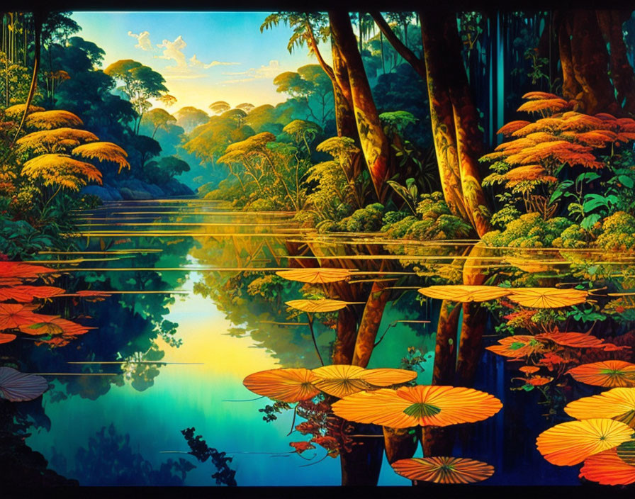 Lush tropical jungle reflected in calm water with vibrant foliage