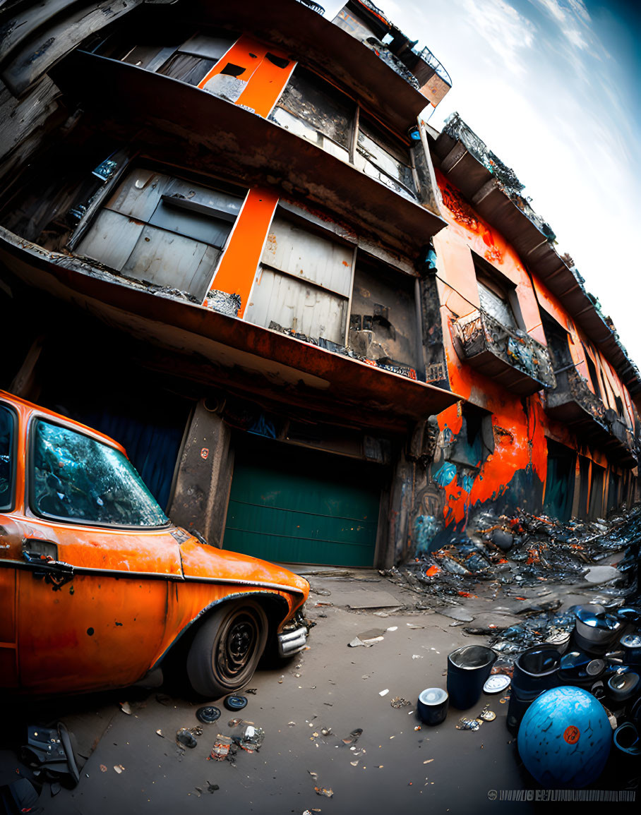 Distorted fish-eye lens photo: Orange car, dilapidated buildings.