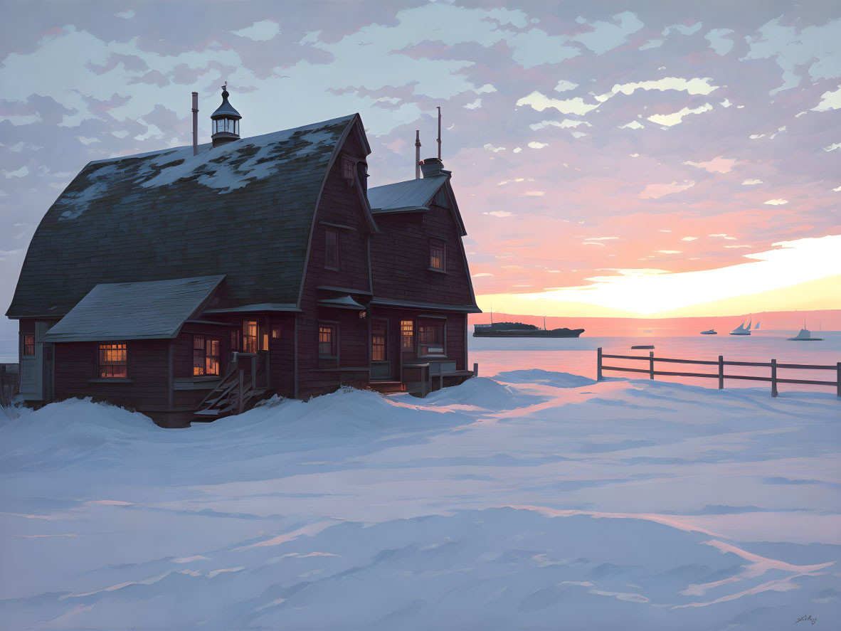 Snowy Winter Scene: Wooden House at Dusk with Glowing Windows