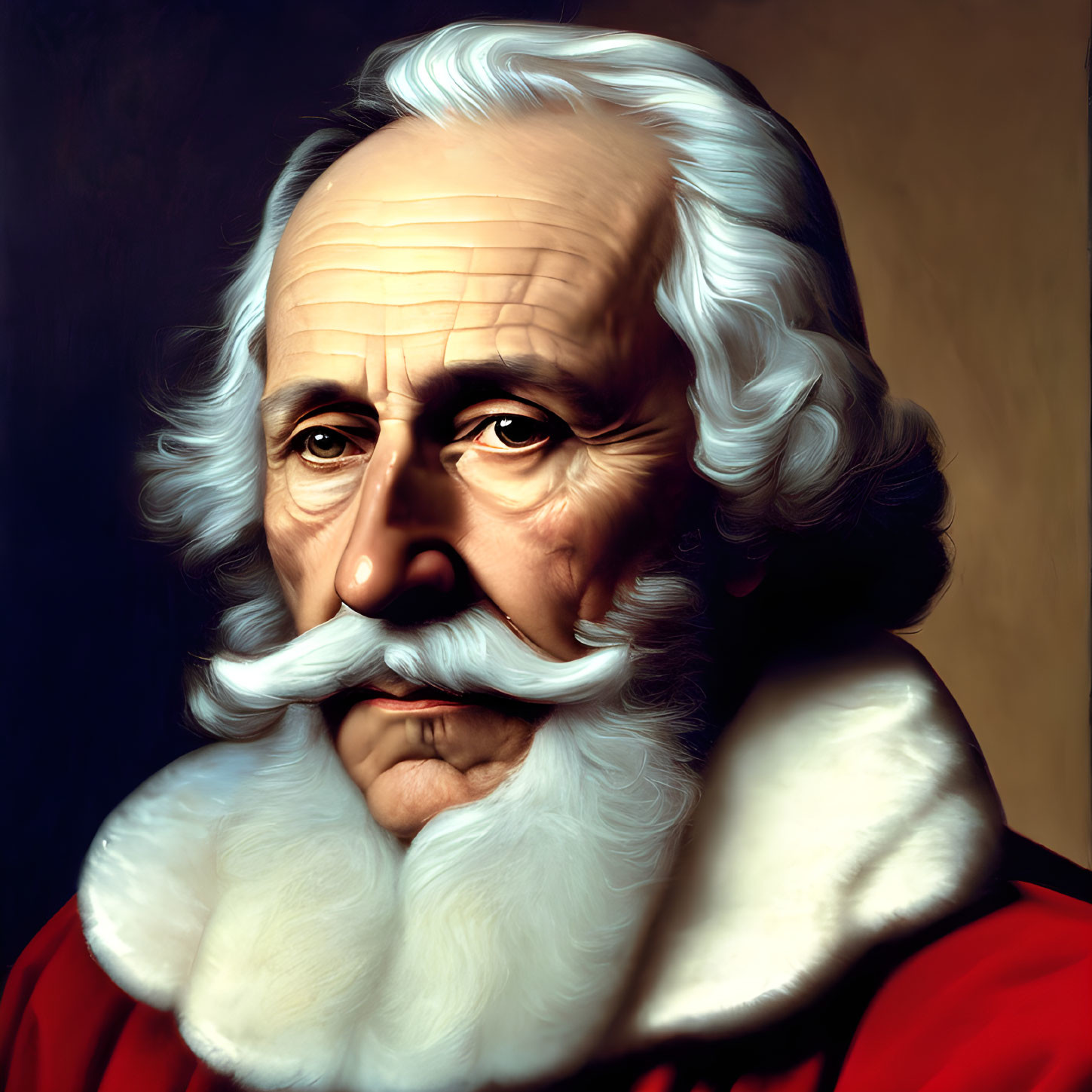 Portrait of a man with white mustache and long hair in red attire