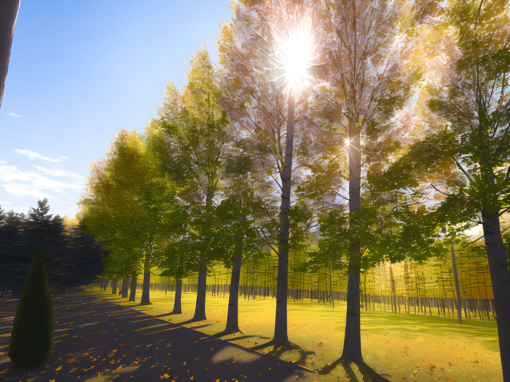 Autumn trees with golden leaves in a peaceful park.