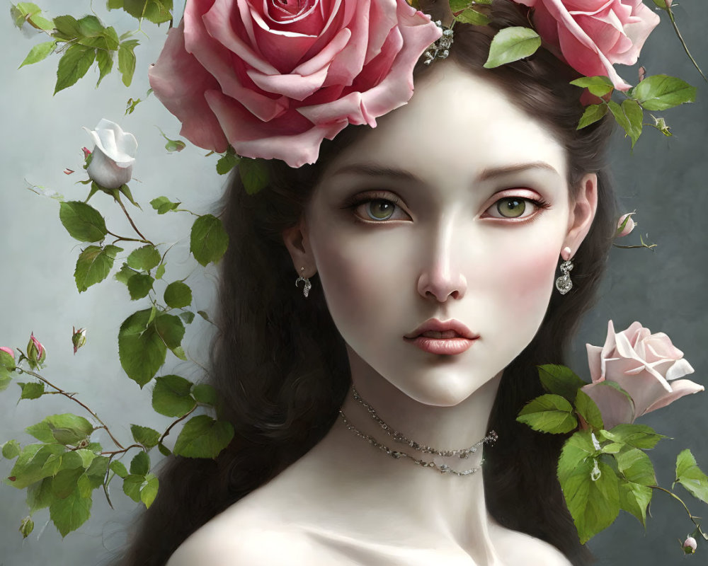 Illustration of woman with green eyes and dark hair adorned with pink roses on gray backdrop