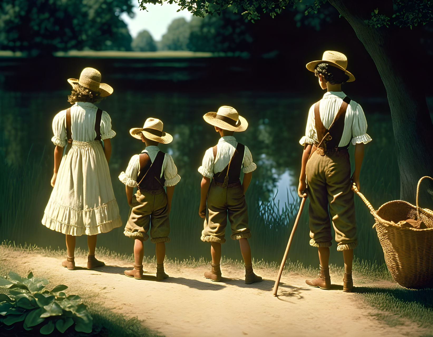 Four children in vintage clothing by river with picnic basket & rake