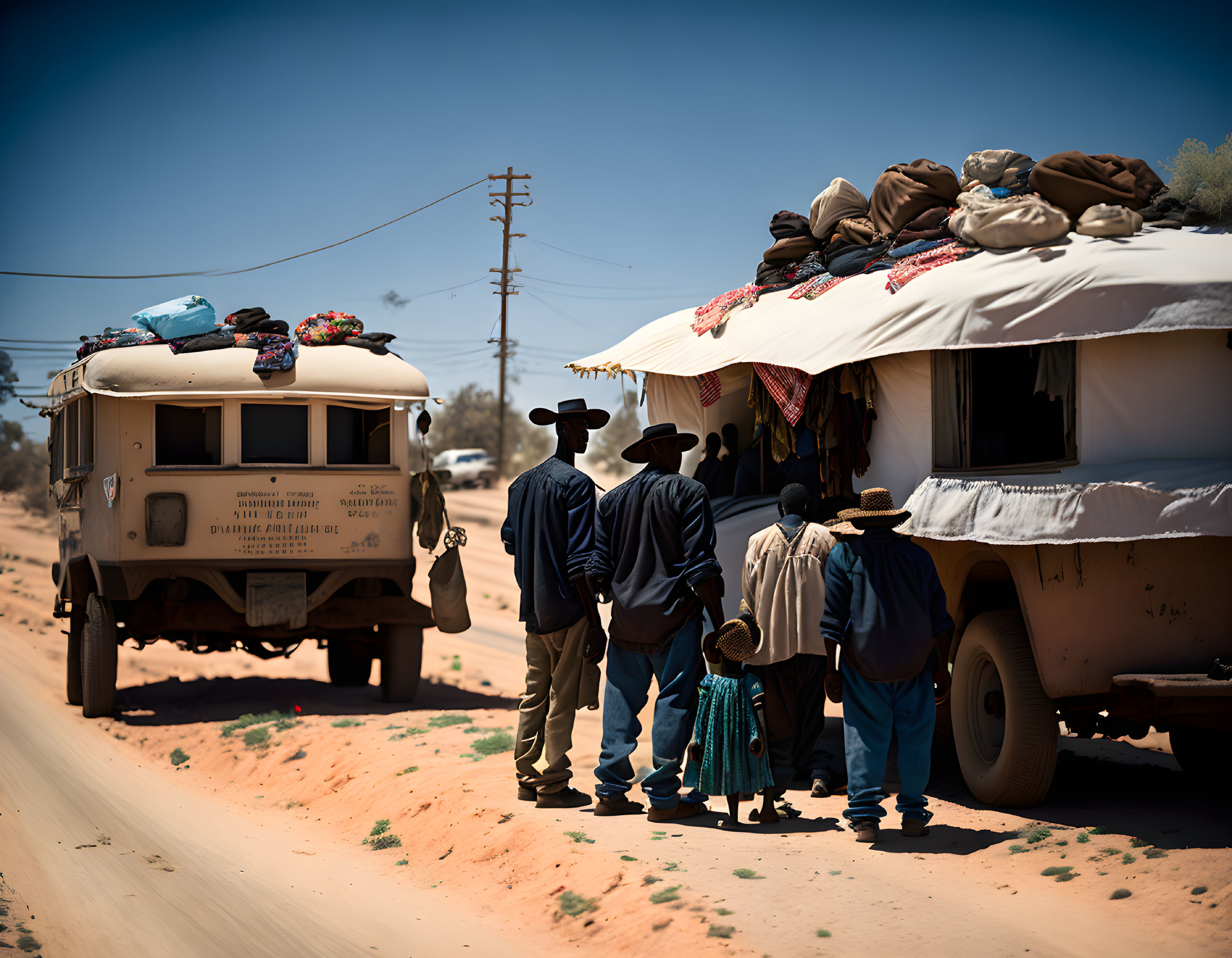 Group of People by Overloaded Bus on Dusty Road