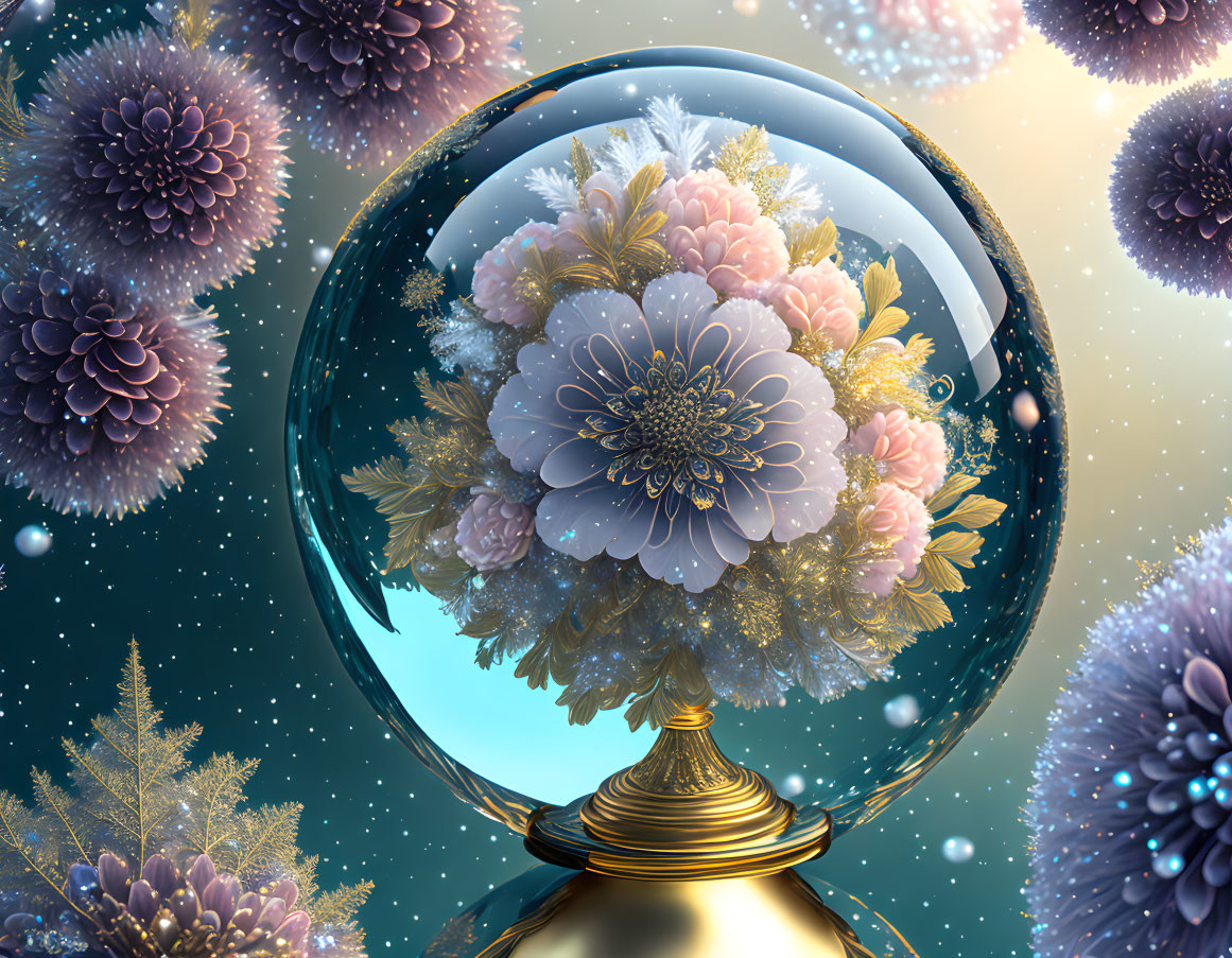 Detailed illustration of crystal ball on golden stand with floral bouquet on frosty background