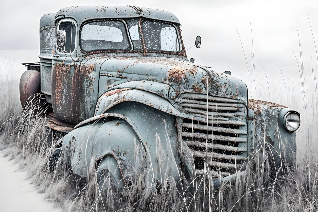 Rust-covered abandoned truck in field with tall grass under cloudy sky