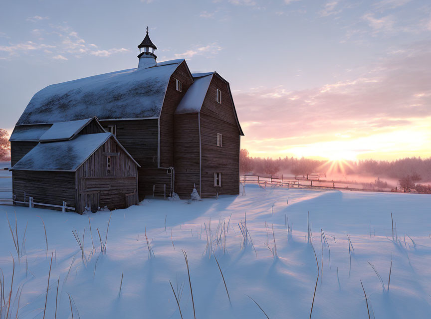 Snow-covered barn at sunrise with golden light on tranquil wintry landscape