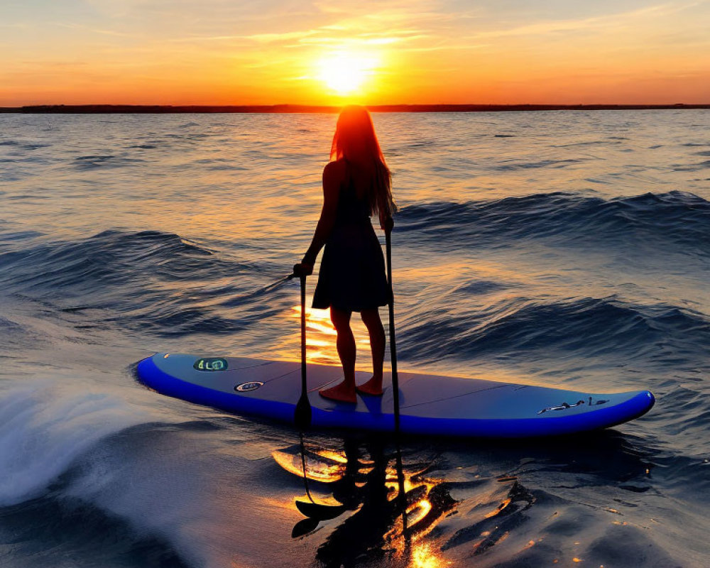 Silhouette of person paddleboarding at sunset on serene sea