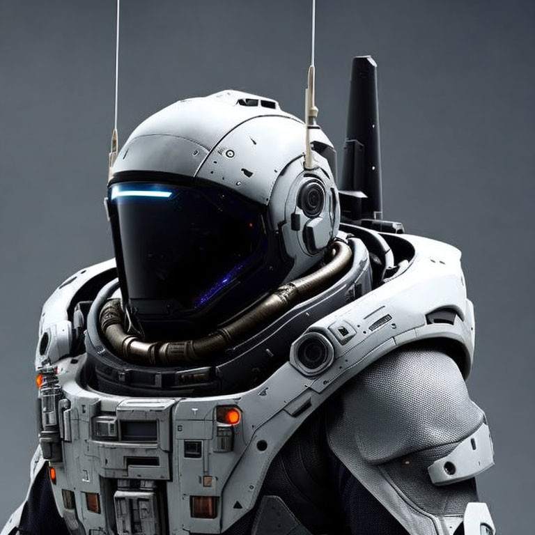 Futuristic robot with sleek helmet and intricate body armor on grey background