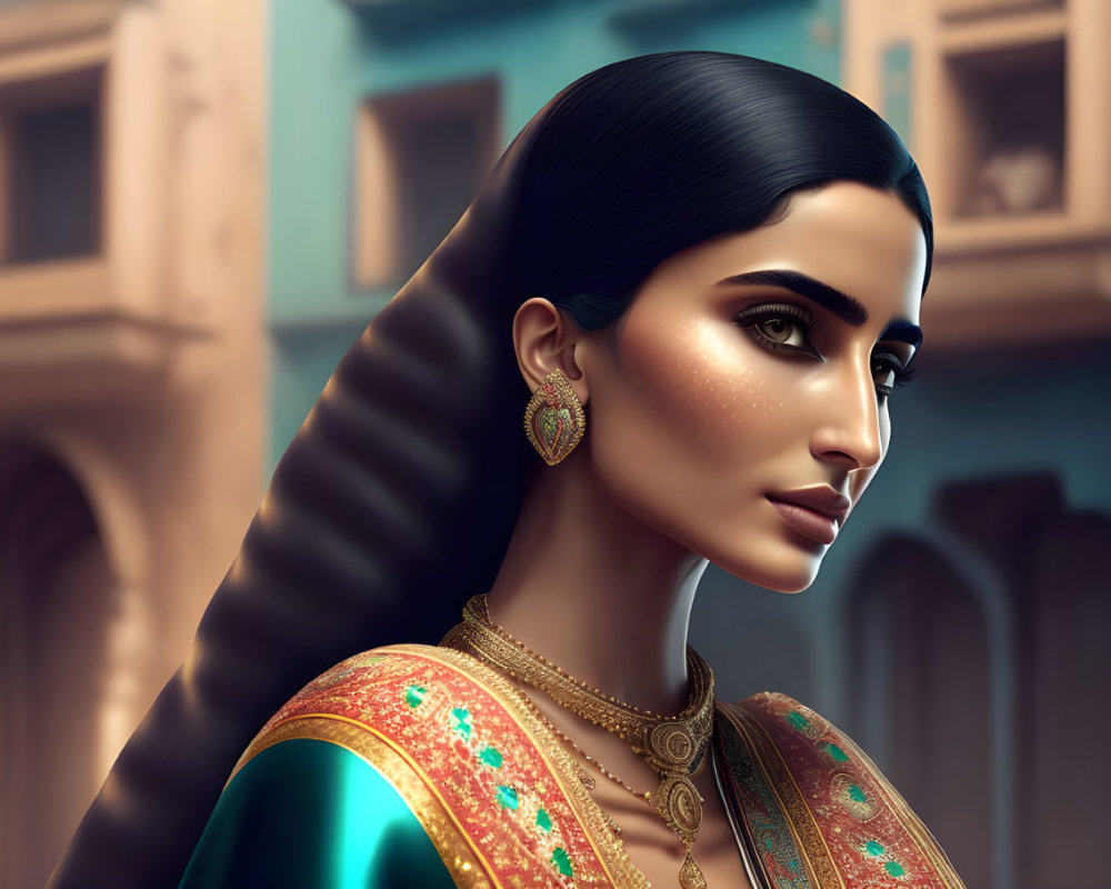 Detailed Illustration of Woman in Traditional Indian Attire with Sleek Hair