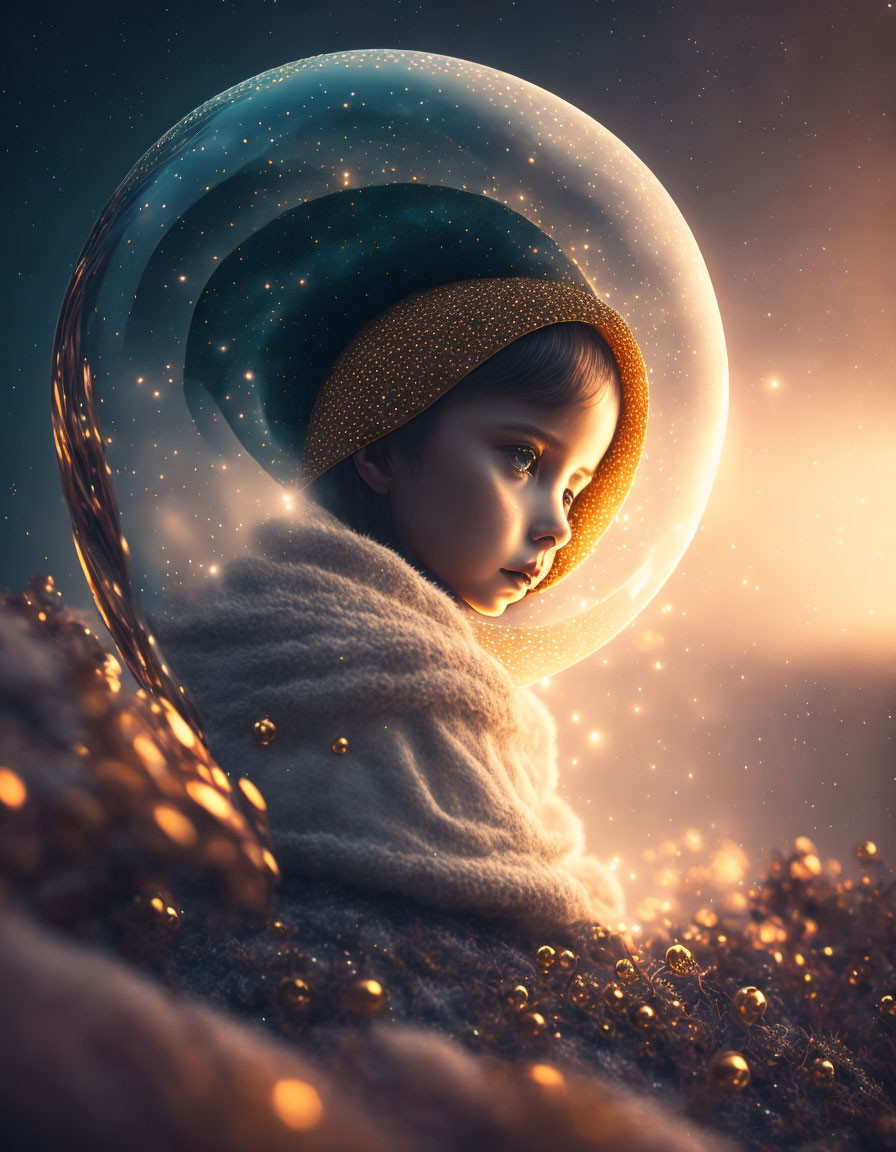 Child in shawl with cosmic halo in dreamy star backdrop