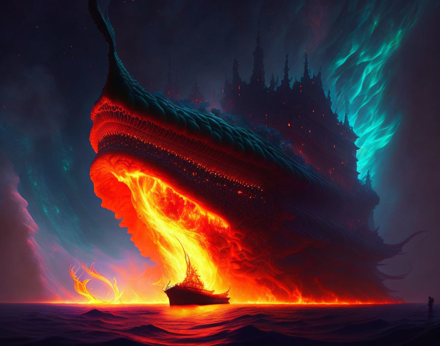 Giant sea creature with castle silhouette in fiery sky