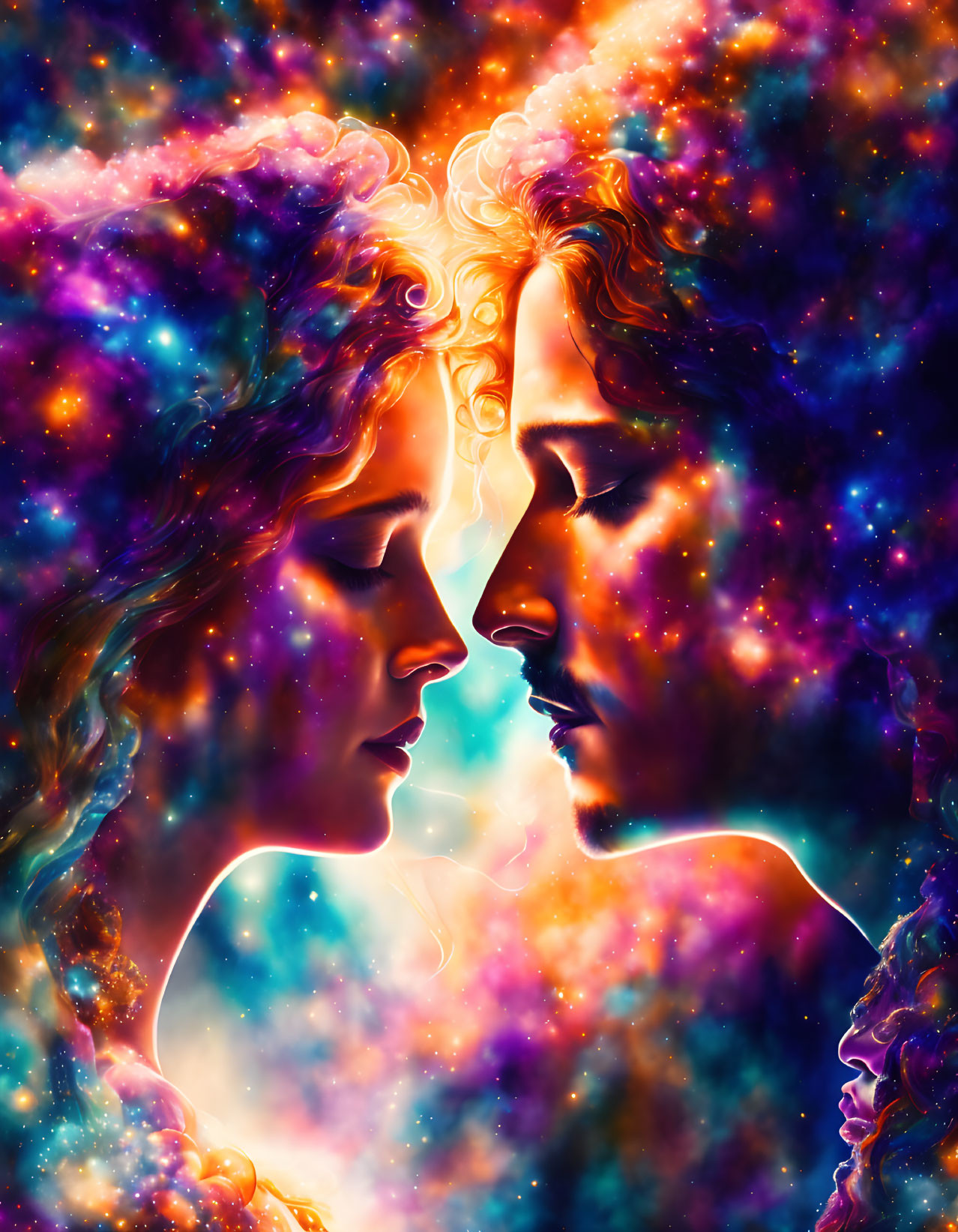 Colorful cosmic artwork: man and woman touching foreheads in swirling nebulae.