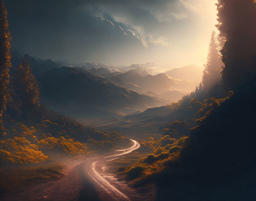 Scenic dirt road through hilly landscape at sunset