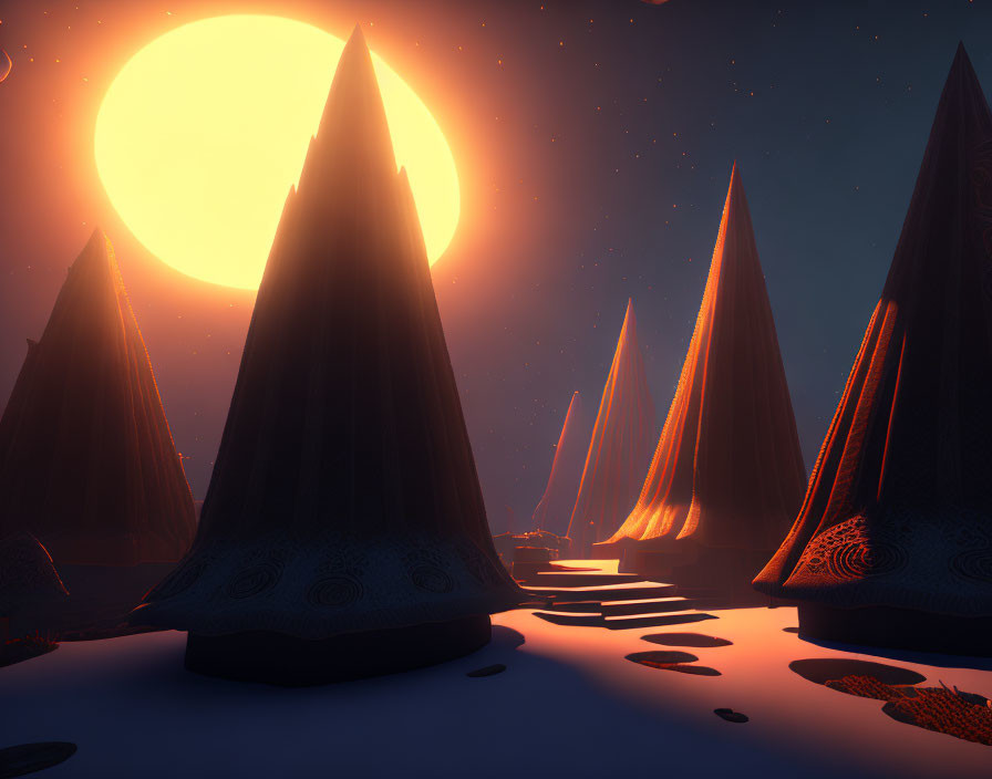 Surreal landscape with spire-like formations under orange sky