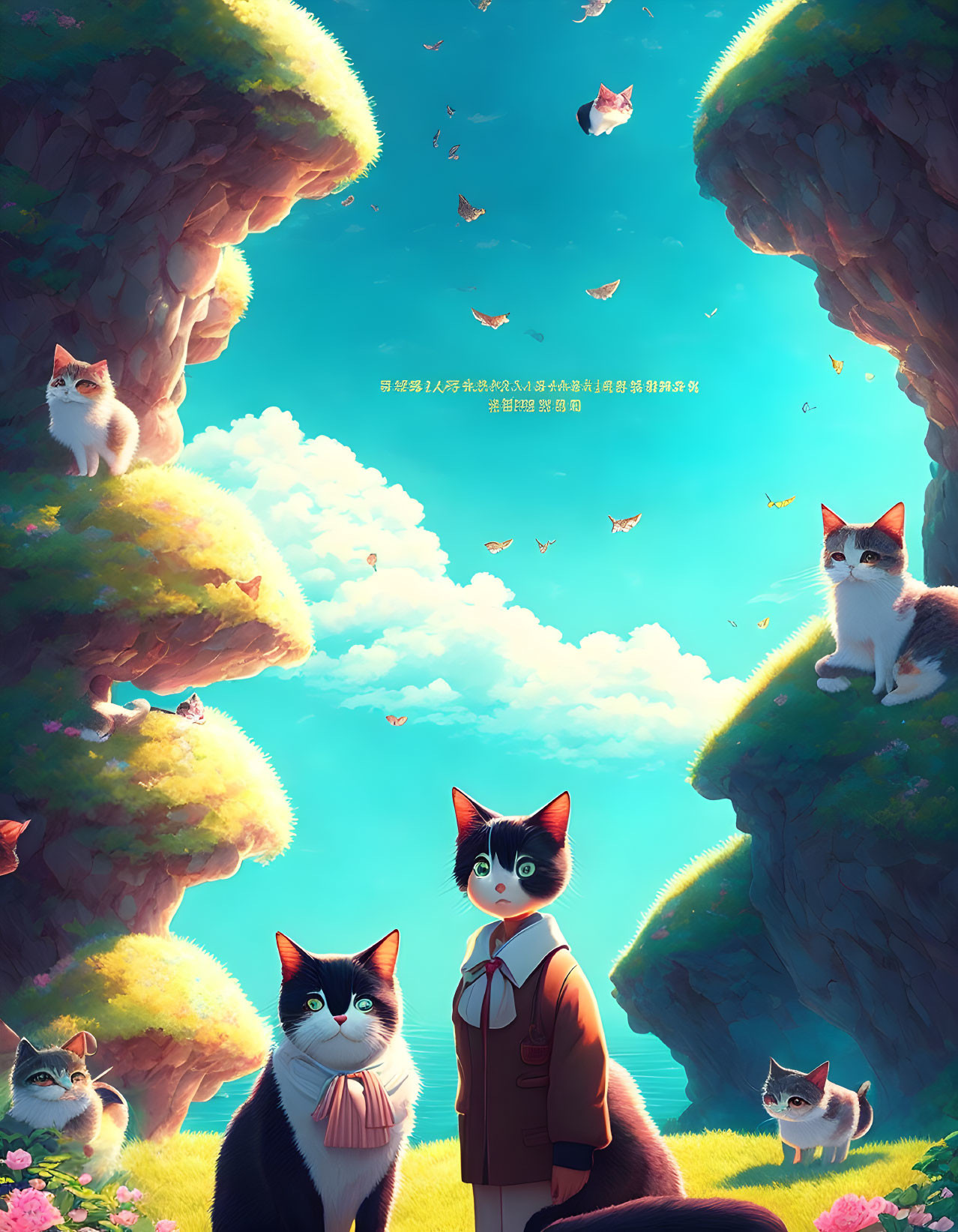 Fantastical artwork: Human-like cat on grassy platform with cats, butterflies, floating islands