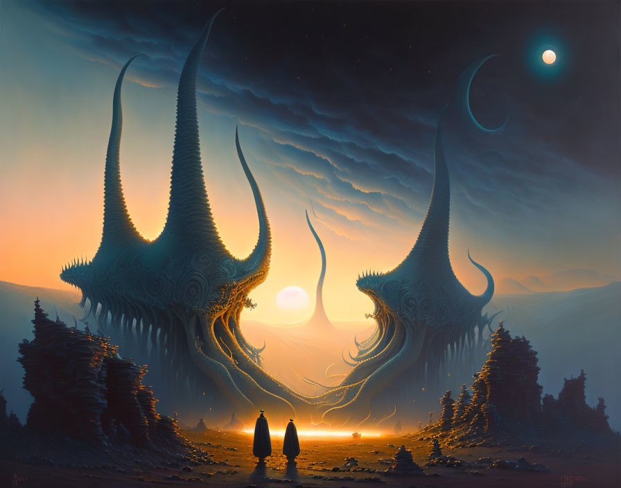 Surreal twilight landscape with alien structures and celestial event