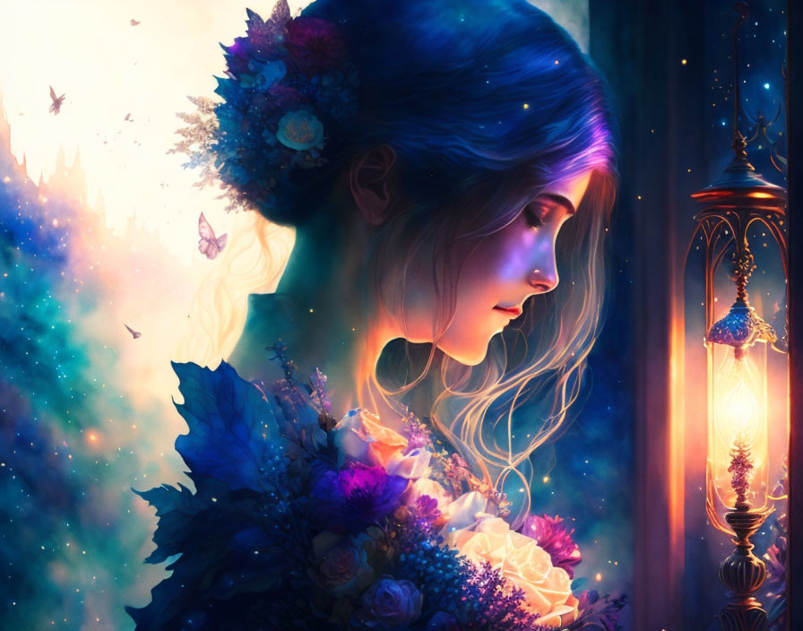 Woman with Blue Hair and Flowers in Magical Starry Scene