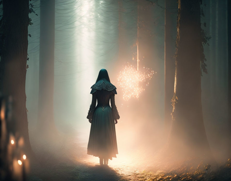 Mysterious figure in cloak with star lantern in misty forest