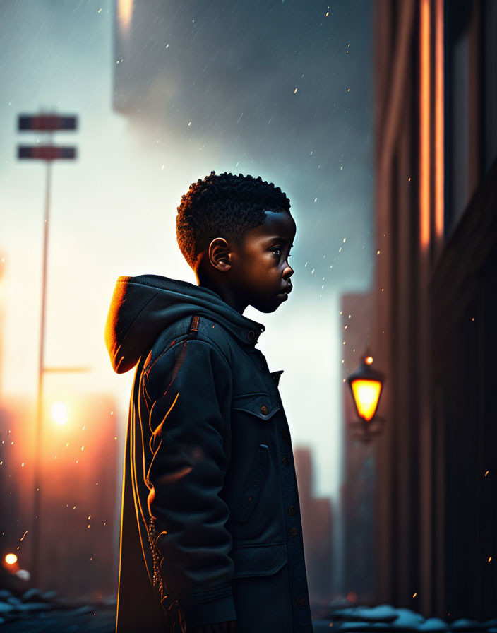 Young boy in jacket on city street at dusk with glowing streetlights and rain