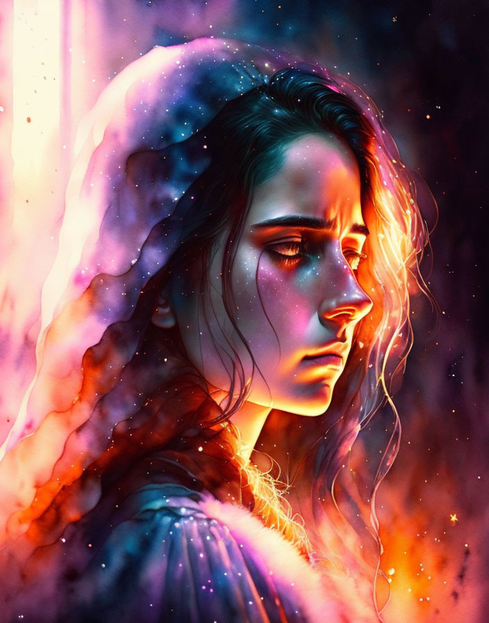 Cosmic-themed digital artwork of a woman with stellar colors.