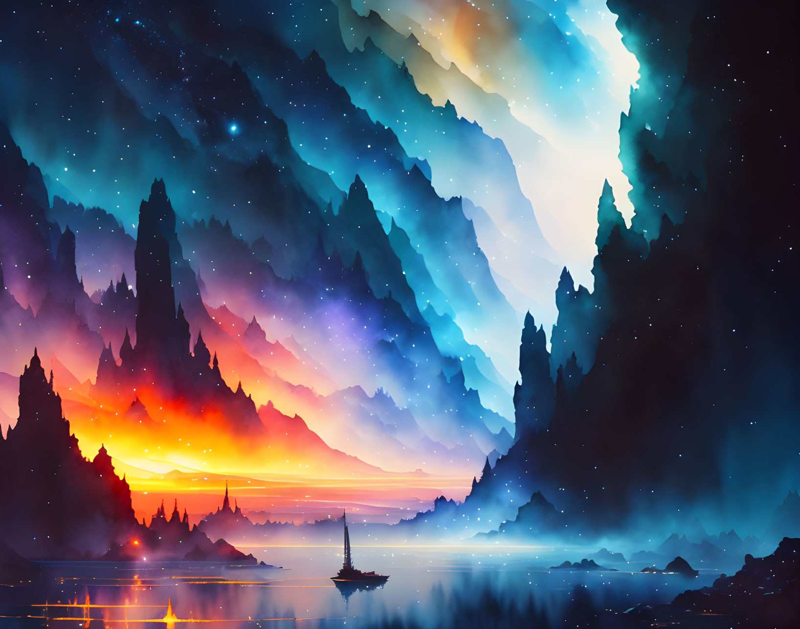 Colorful surreal landscape with mountains, aurora sky, lake, sailboat