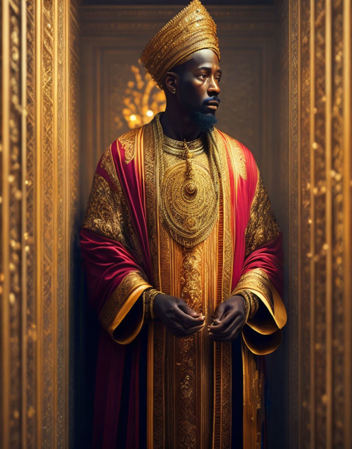 Regal person in ornate golden and red traditional attire on luxurious backdrop