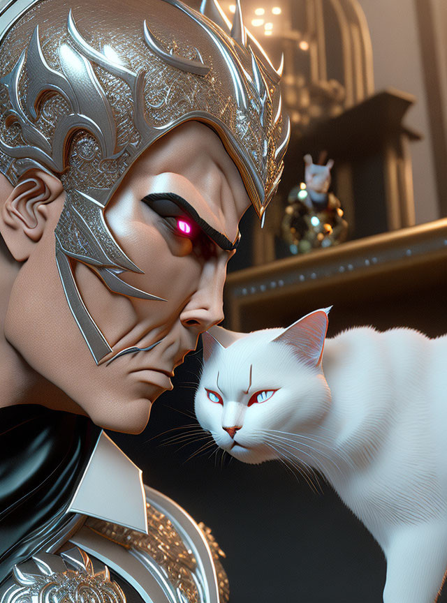 Stoic man with silver crown and white cat in 3D illustration