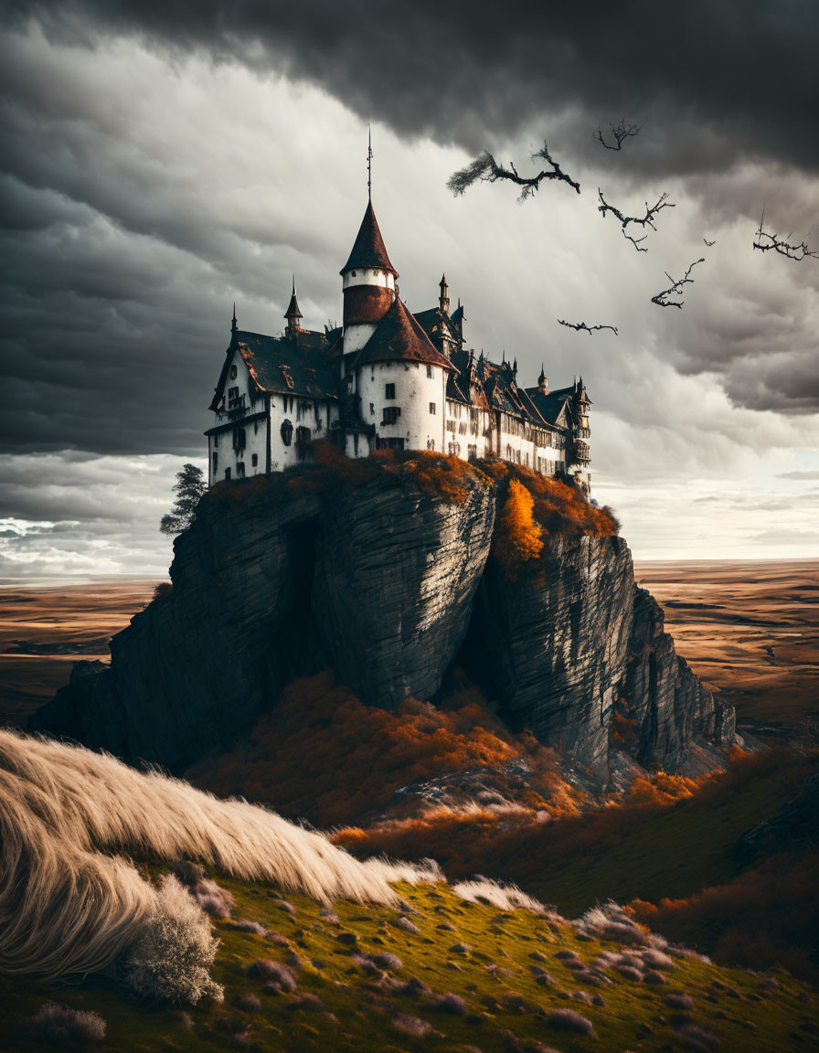 Majestic castle on steep rock with autumn foliage under dramatic sky