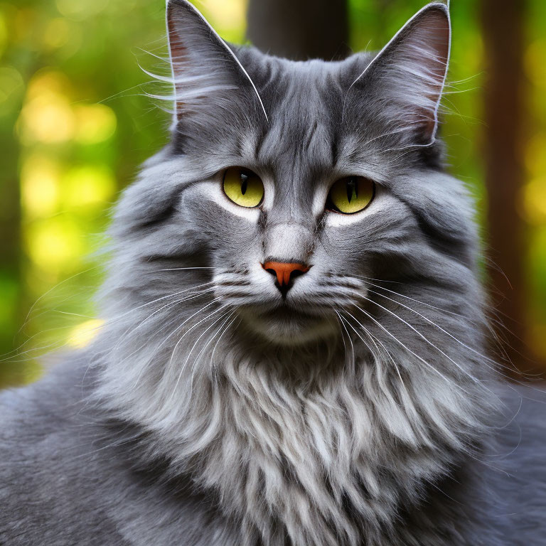 Gray Long-Haired Cat with Yellow Eyes and Orange Nose on Green Background