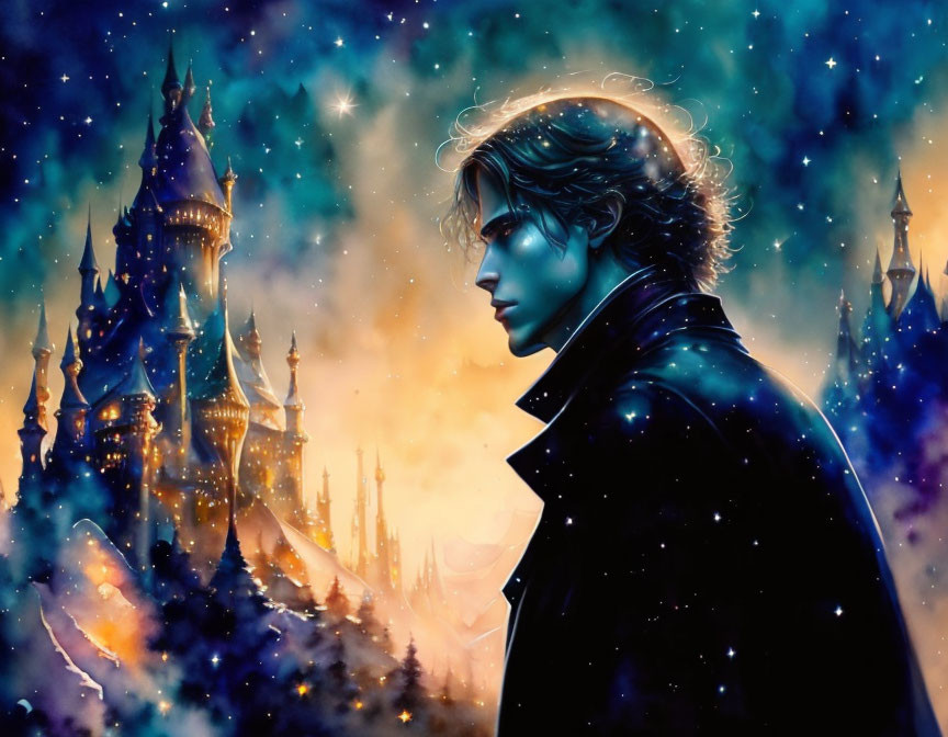 Young man in blue cloak gazes at enchanted castle under starry sky