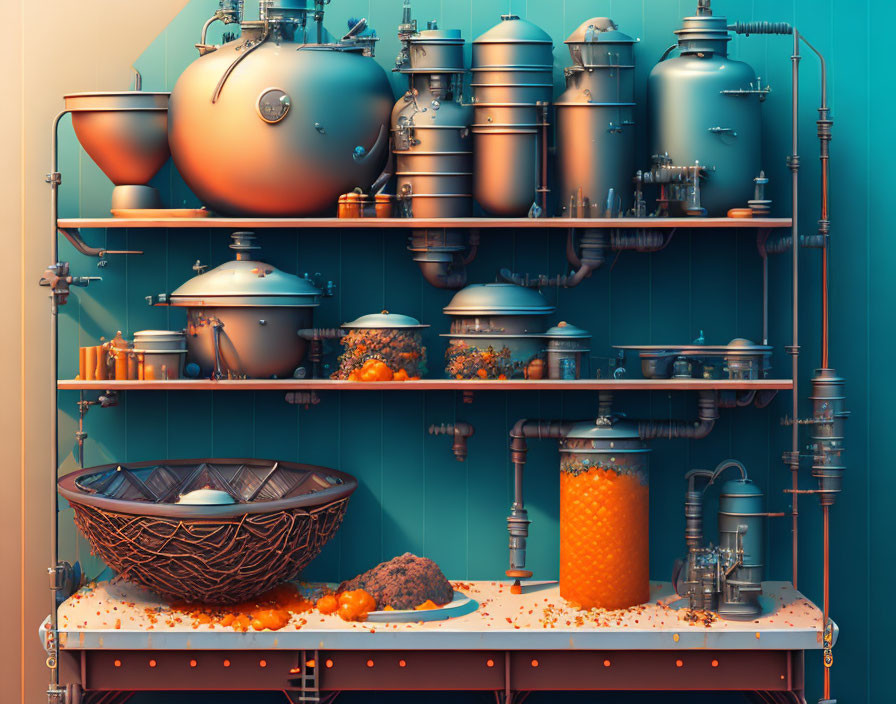 Stylized kitchen with orange pots, teal shelves, intricate pipes, and scattered foods.