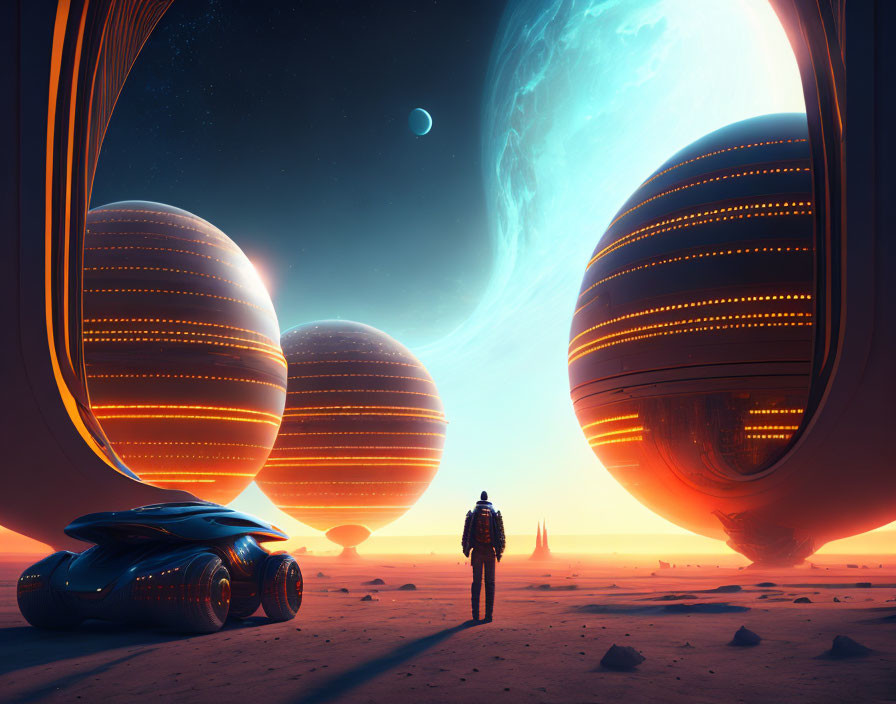 Barren alien landscape with spherical structures, futuristic car, and vast sky.