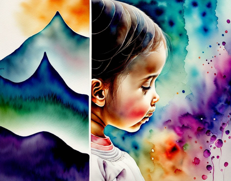 Split watercolor painting: tranquil mountain landscape & pensive child portrait.