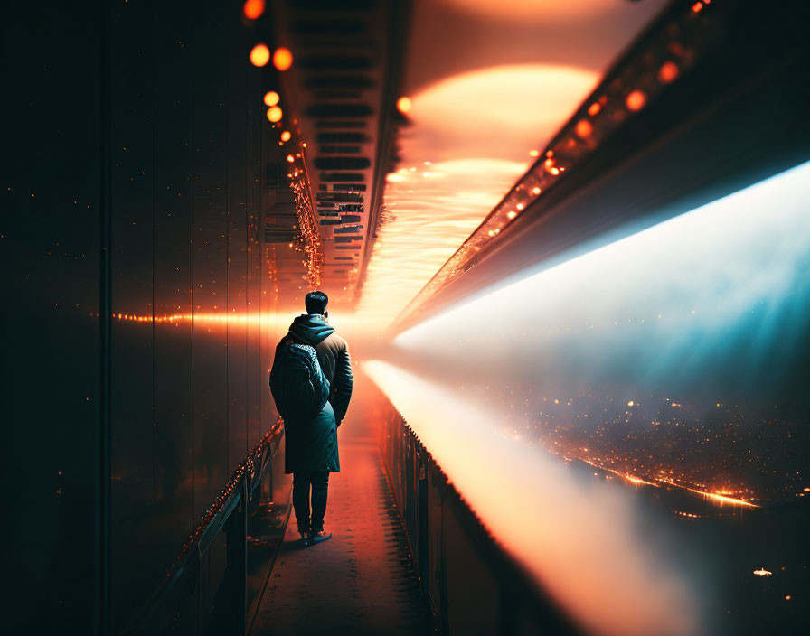 Individual on futuristic bridge gazes at night cityscape